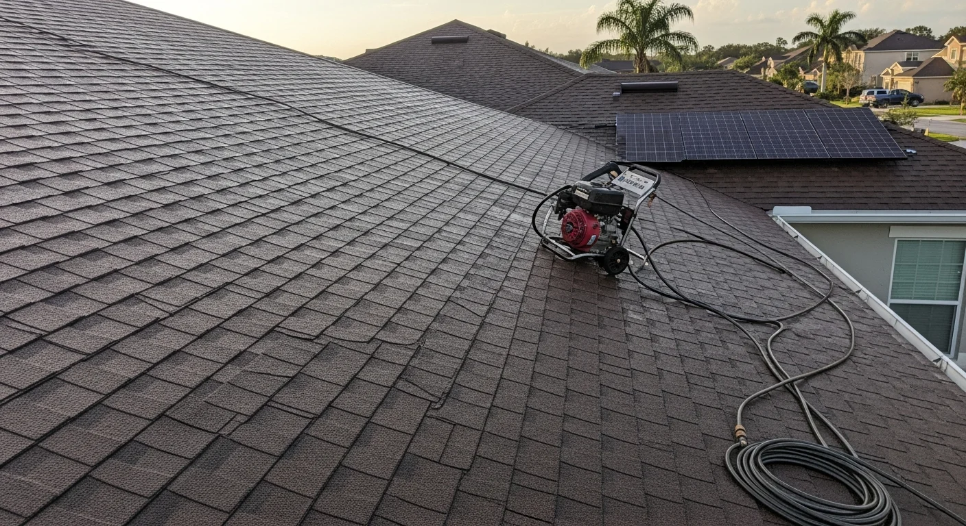 Professional roof cleaning and gutter maintenance on a residential home