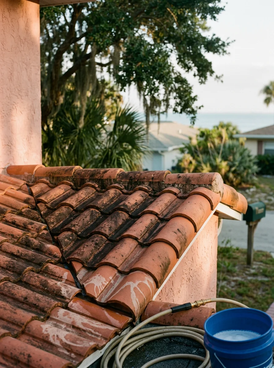 Professional soft-wash cleaning removing black algae streaks from a Clearwater tile roof near the Gulf Coast