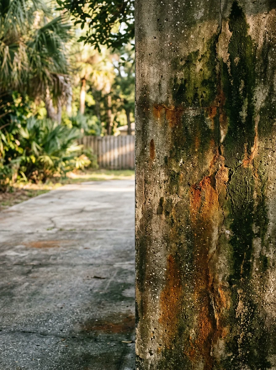 Close-up of algae and mineral staining on a concrete driveway in Land O' Lakes before pressure washing treatment