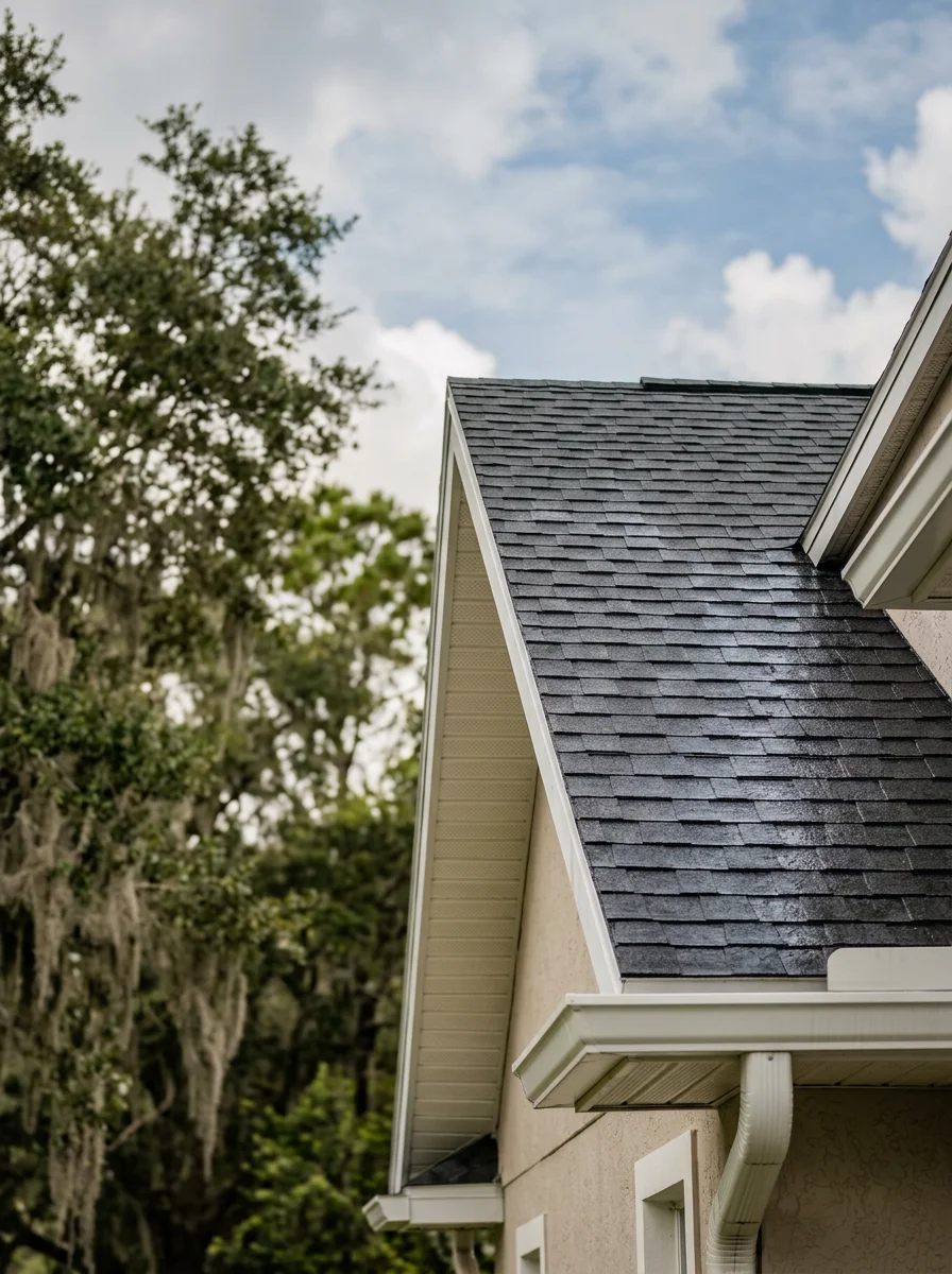 Professional roof washing service on a Lutz home to remove algae and mold growth from heavy rainfall
