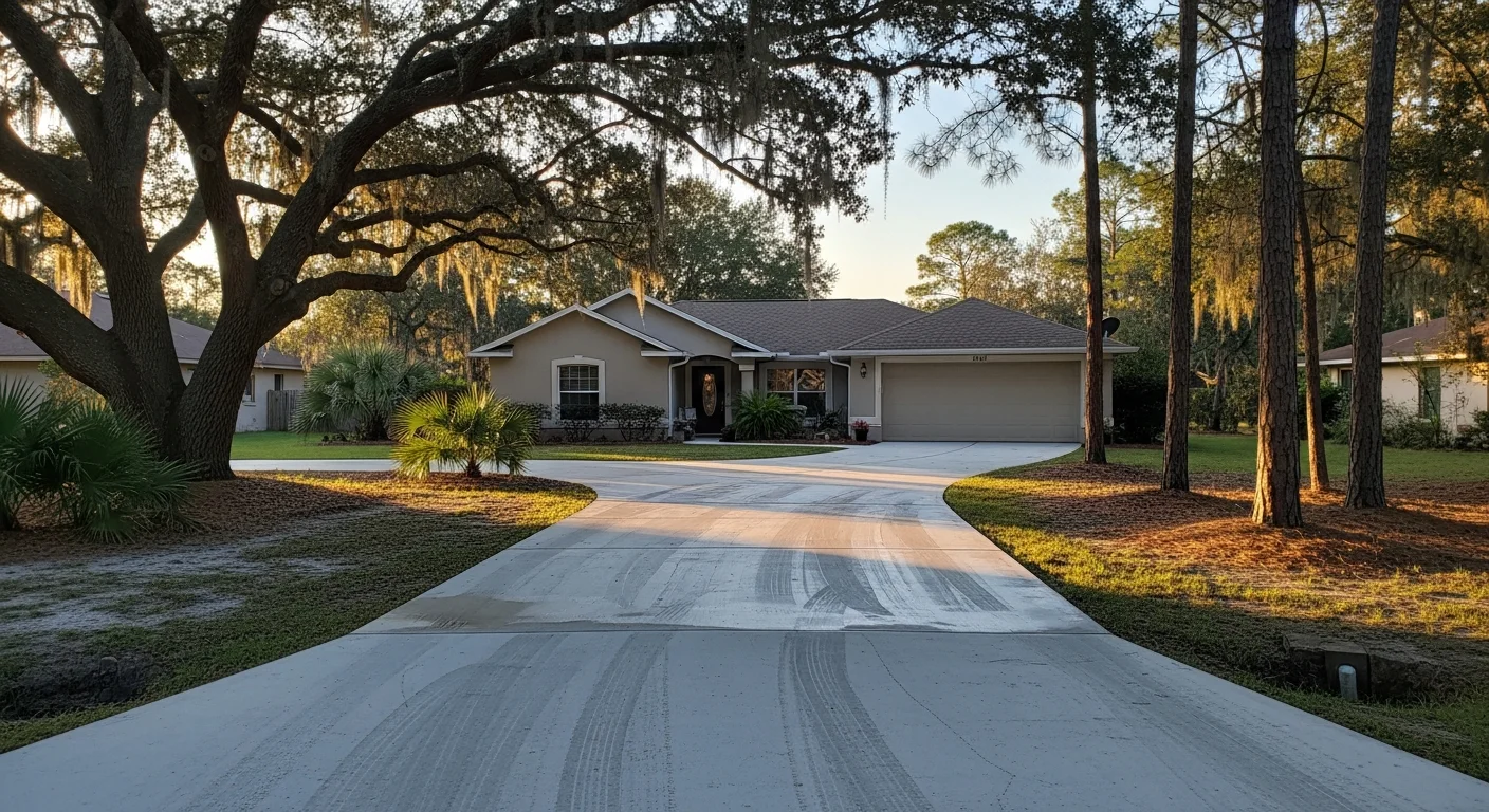 Wide view of a well-maintained residential property in Mango with mature trees and clear driveway access.