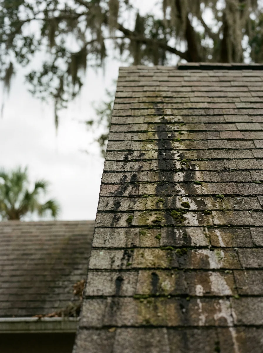 Close-up of algae and mold removal from a roof surface in humid New Port Richey climate