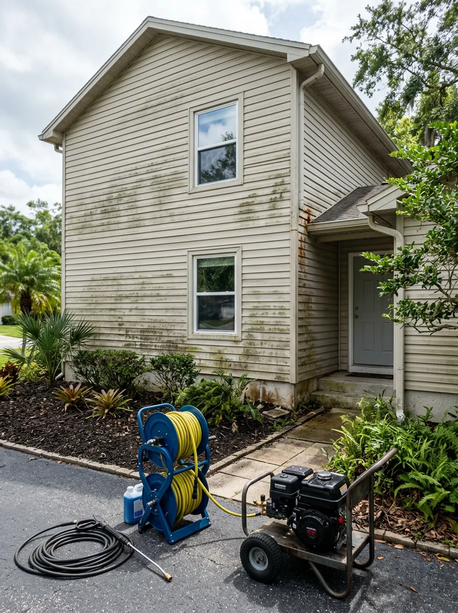Professional pressure washing removing algae and mold from composite siding on a New Tampa home