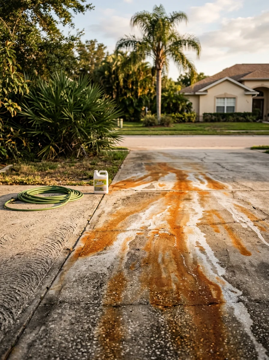 Odessa driveway with mineral stains from irrigation system before pressure washing