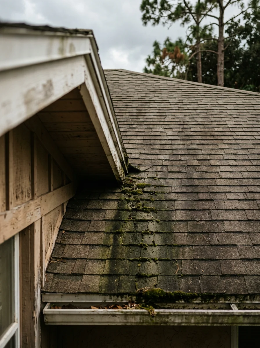 Algae-covered roof shingles on older Oldsmar home before pressure washing treatment