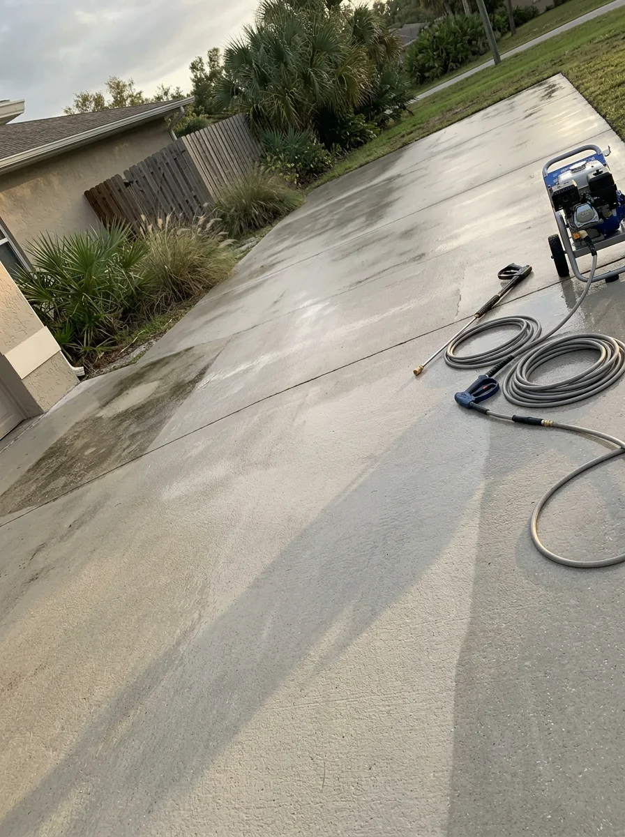 Pressure washing driveway and patio in Palm Harbor residential neighborhood