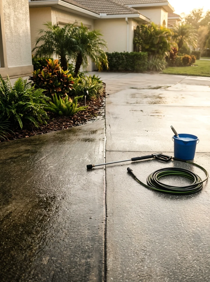 Clean driveway in Plant City after professional pressure washing removes algae and salt deposits