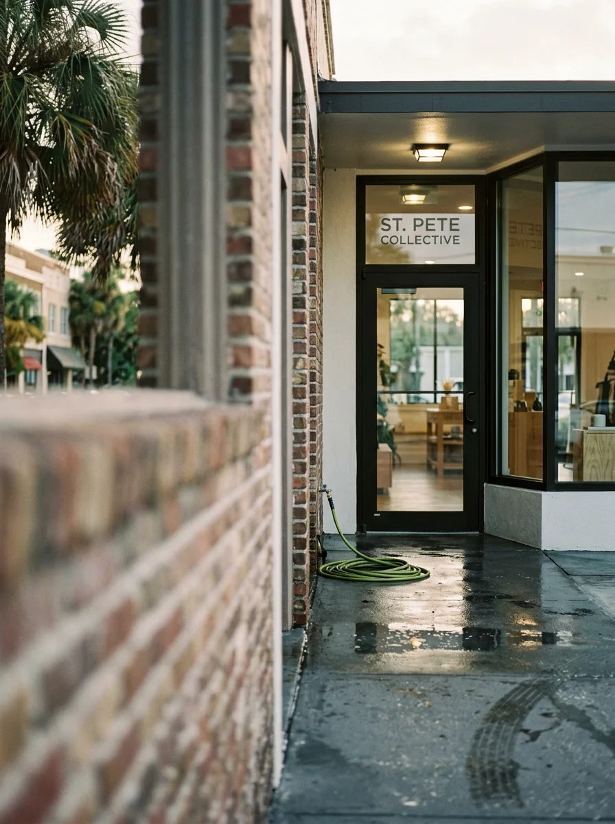Commercial storefront in downtown St. Petersburg with clean facade and pressure-washed parking lot
