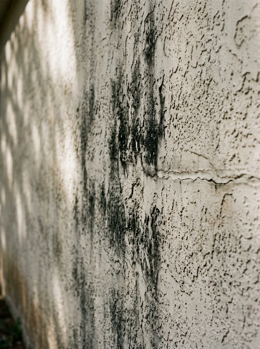 Close-up of black algae streaks on north-facing stucco wall in Tampa neighborhood