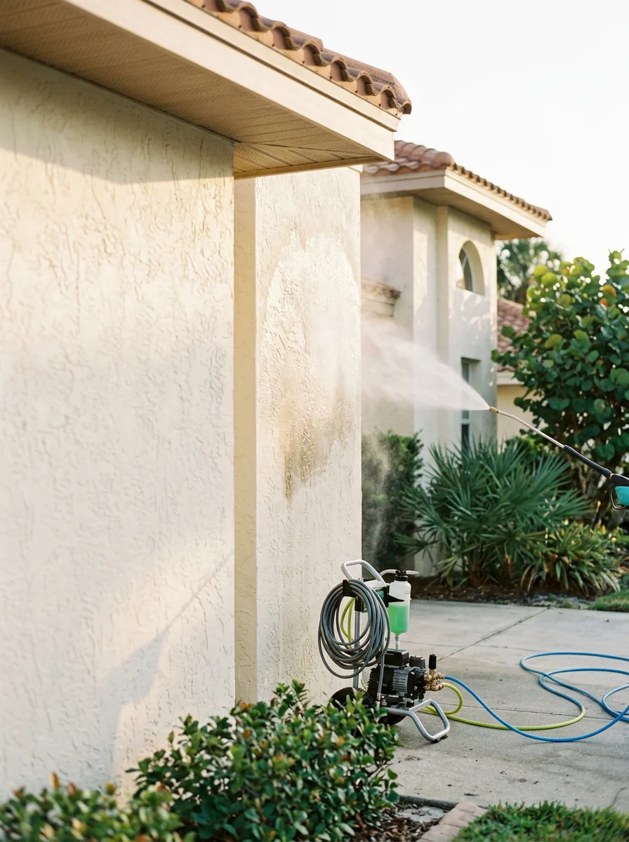 Professional soft washing equipment cleaning a 1980s-era Tarpon Springs home's stucco exterior without high-pressure damage