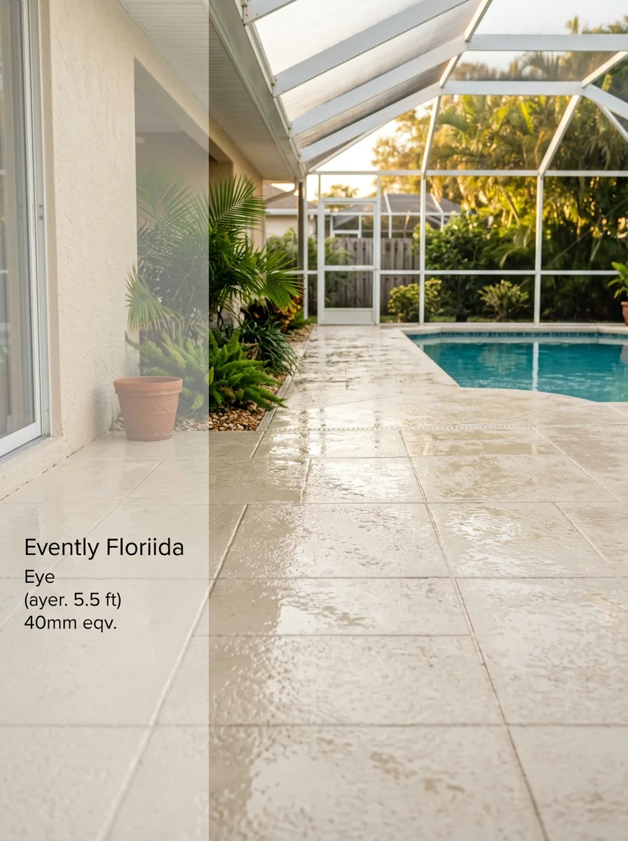 Professional pressure washing removing algae and salt deposits from a Trinity home's patio and pool cage