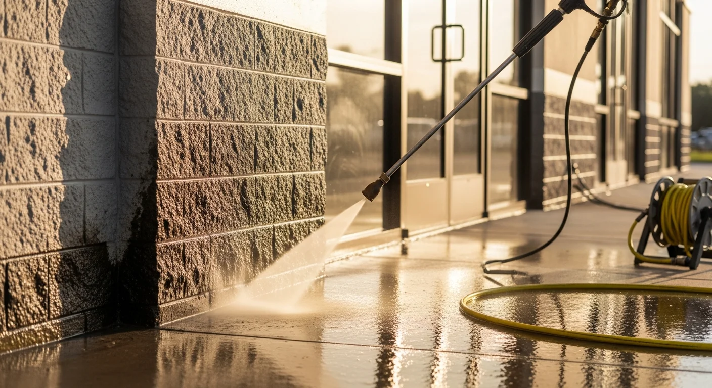 Exterior of a commercial building in Land O' Lakes, Florida after pressure washing, showing clean concrete entryway and algae-free facade. Got Your Six Pressure Washing commercial building cleaning service in the Mango and Land O' Lakes area.