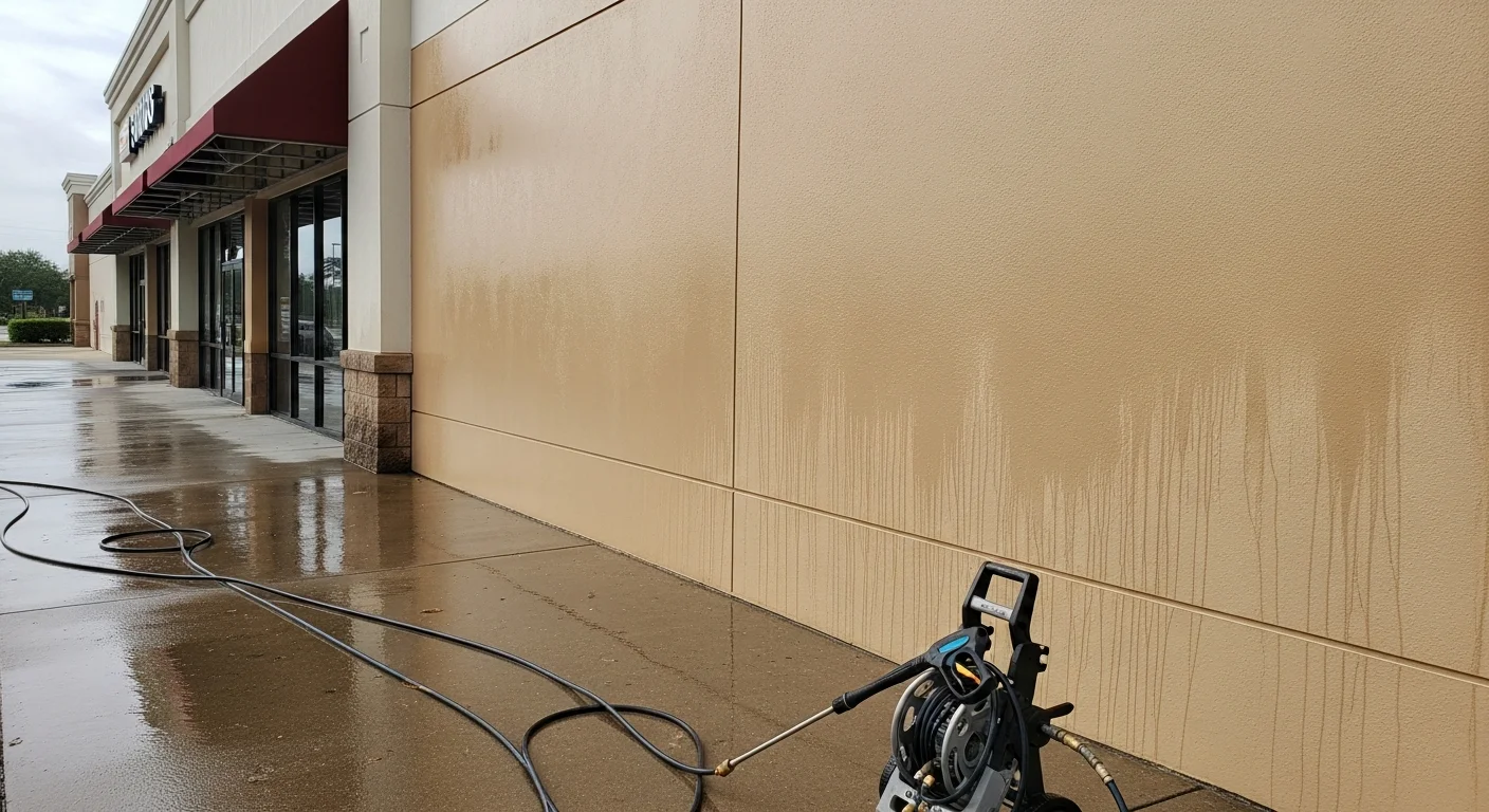 A commercial building facade in Mango, Florida shown after professional pressure washing, with clean stucco walls free of dark algae streaks and mold staining. Got Your Six Pressure Washing equipment is visible near the building exterior.