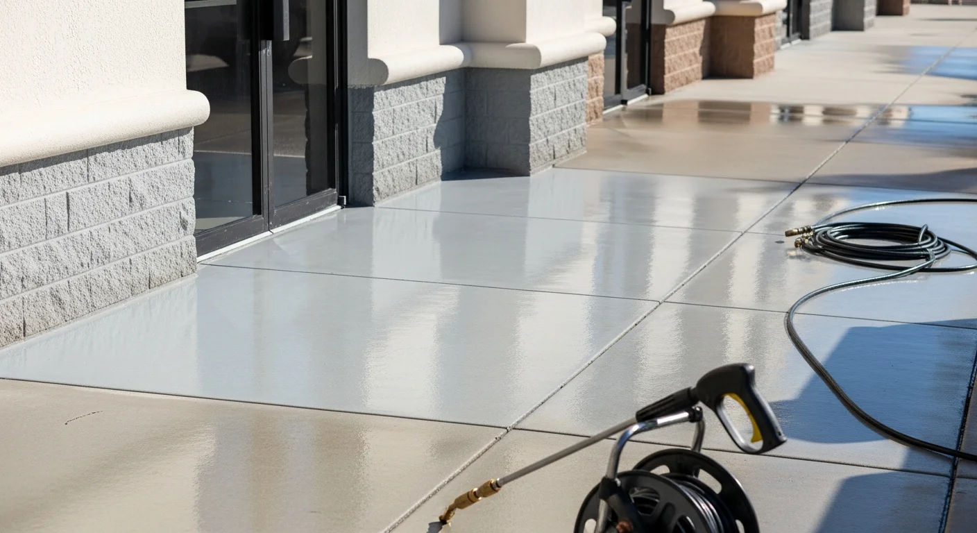 A commercial storefront in Land O' Lakes, Florida, with a freshly pressure-washed concrete entryway and clean building facade free of algae and grime. Got Your Six Pressure Washing commercial maintenance cleaning service in the Mango and Land O' Lakes area.