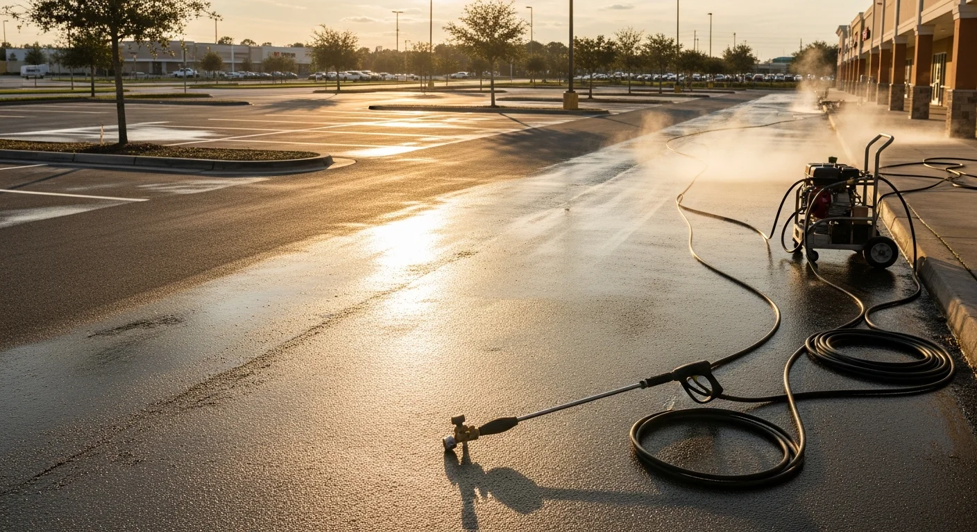 A freshly pressure-washed commercial parking lot in Land O' Lakes, Florida, showing clean concrete free of oil stains, tire marks, and algae streaking. The lot serves a multi-tenant commercial property with clearly visible parking lines after cleaning.