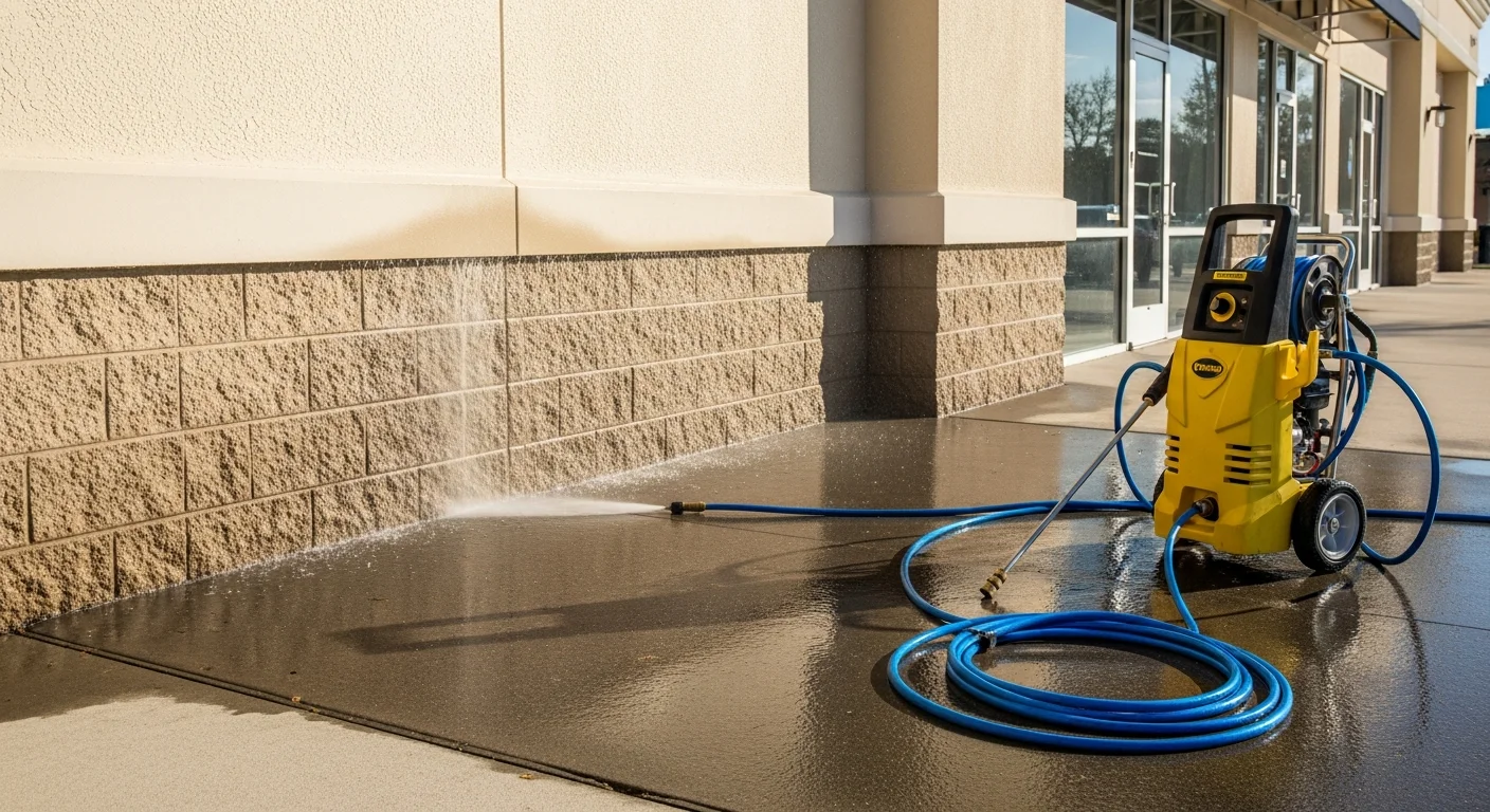 A commercial storefront in Land O' Lakes, FL with clean concrete sidewalks and a freshly pressure-washed building facade free of algae and dark staining. Got Your Six Pressure Washing commercial cleaning service result on a Florida retail property exterior.