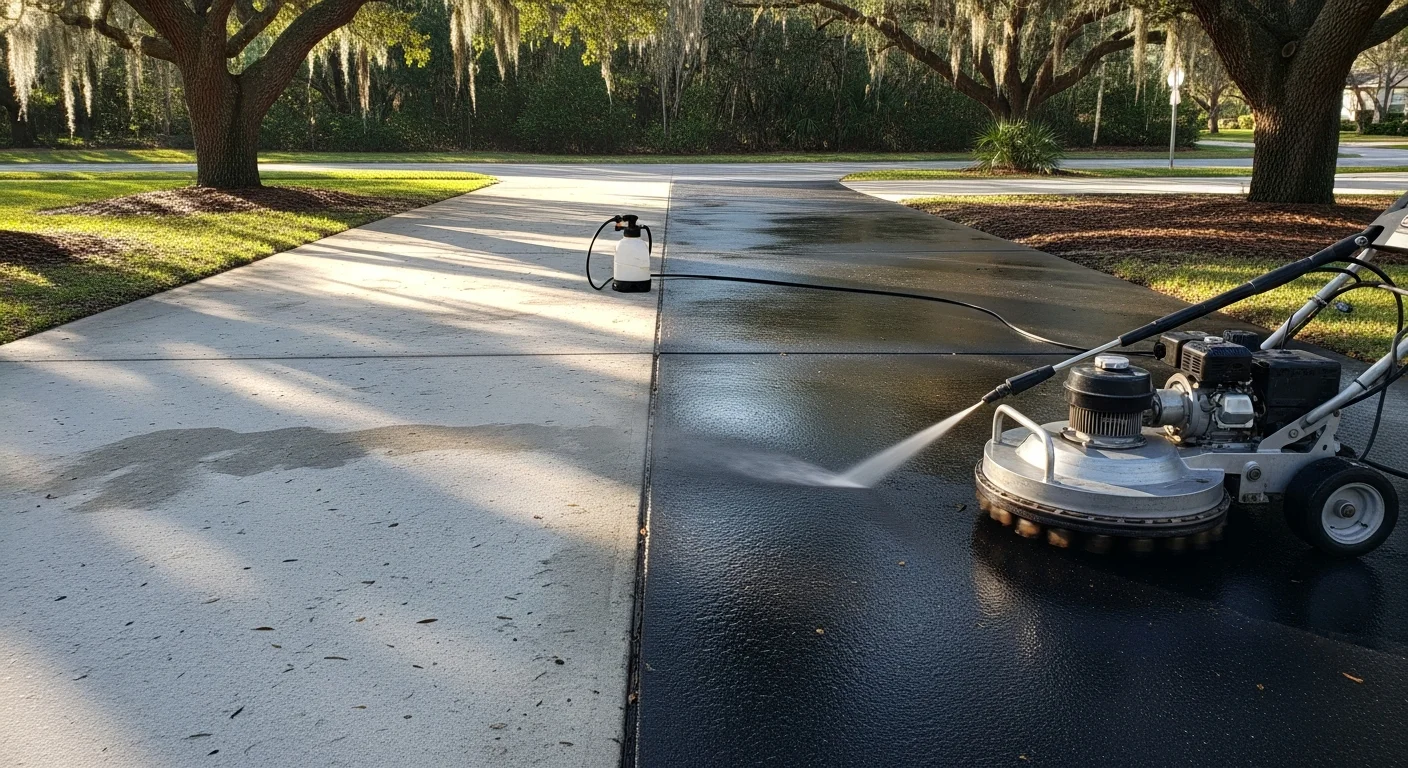 A concrete driveway in a Mango, Florida residential neighborhood shown split between heavy green algae and black mold staining on one side and clean, bright concrete on the other after professional pressure washing. A ranch-style home with an attached garage is visible in the background.