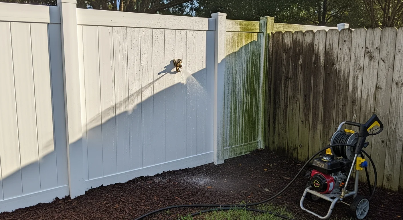A vinyl privacy fence in a Mango, Florida backyard after professional pressure washing, showing clean white panels with algae and green staining fully removed. The surrounding lawn and landscaping remain undisturbed.