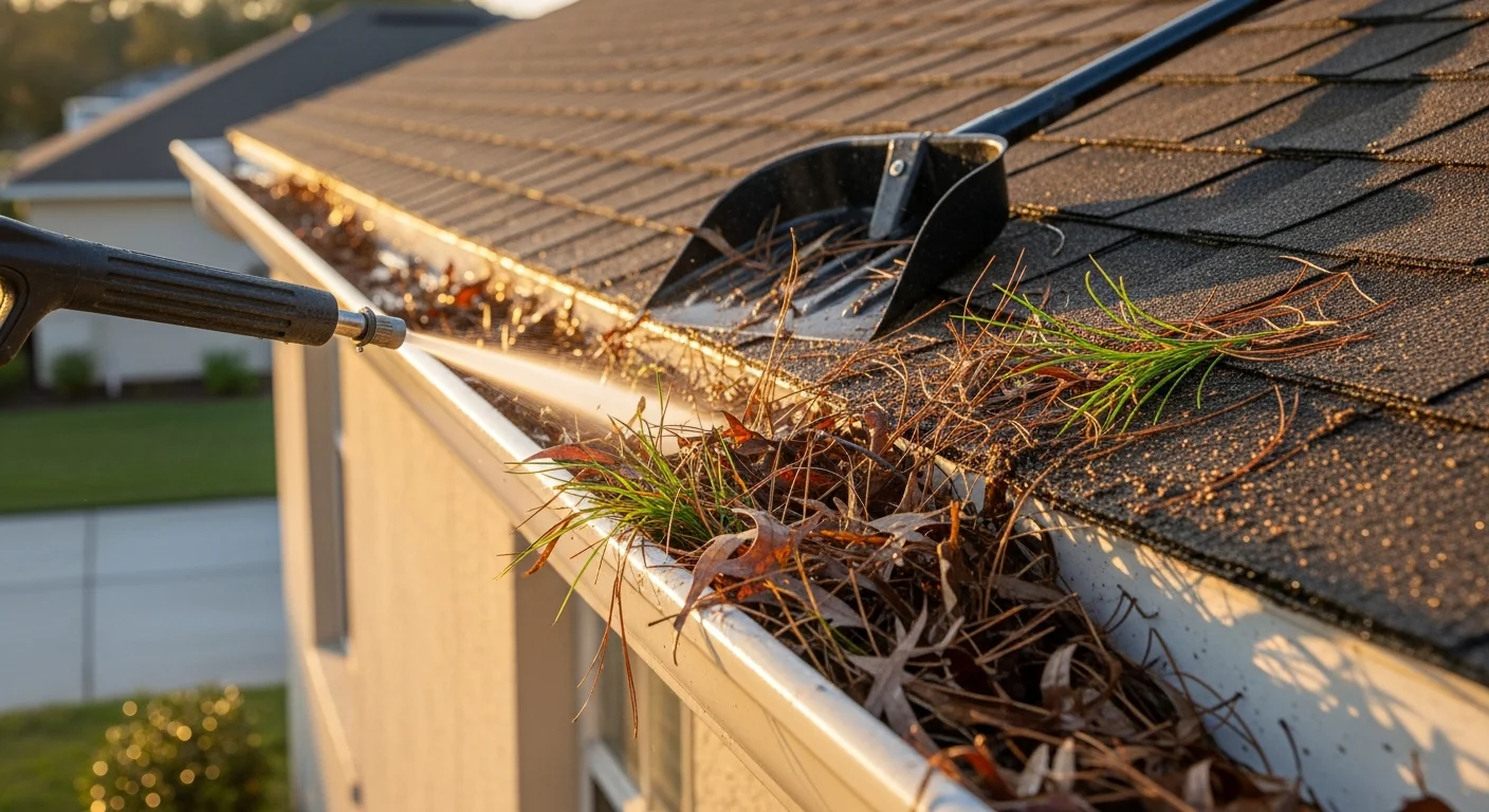 A technician from Got Your Six Pressure Washing clearing packed pine needles and leaf debris from a residential gutter on a single-story home in Land O' Lakes, Florida. Cleaned downspout visible at the corner of the house with no overflow staining on the stucco exterior.