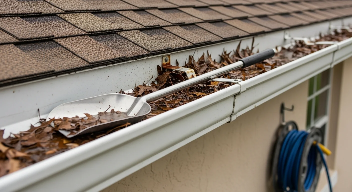 A technician from Got Your Six Pressure Washing inspecting a residential gutter channel on a single-story home in Mango, Florida, checking for debris buildup and bracket damage along the roofline. Close-up view shows accumulated oak leaf debris inside the gutter trough with a clear Florida sky in the background.