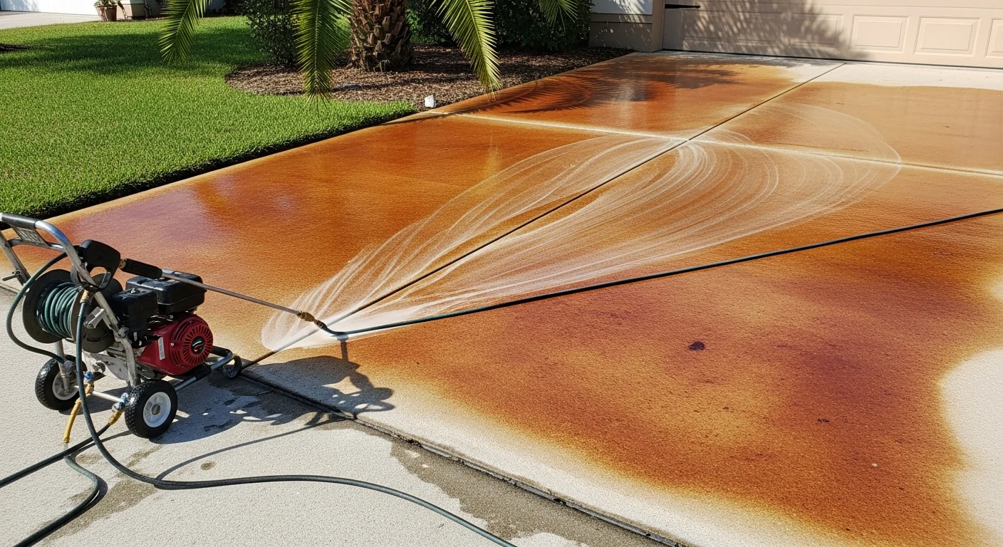 A concrete driveway in Mango, Florida showing before-and-after results of hard stain treatment, with rust and tannin stains removed from the surface. Got Your Six Pressure Washing technician working on a residential slab in Land O' Lakes with visible clean contrast across the treated area.