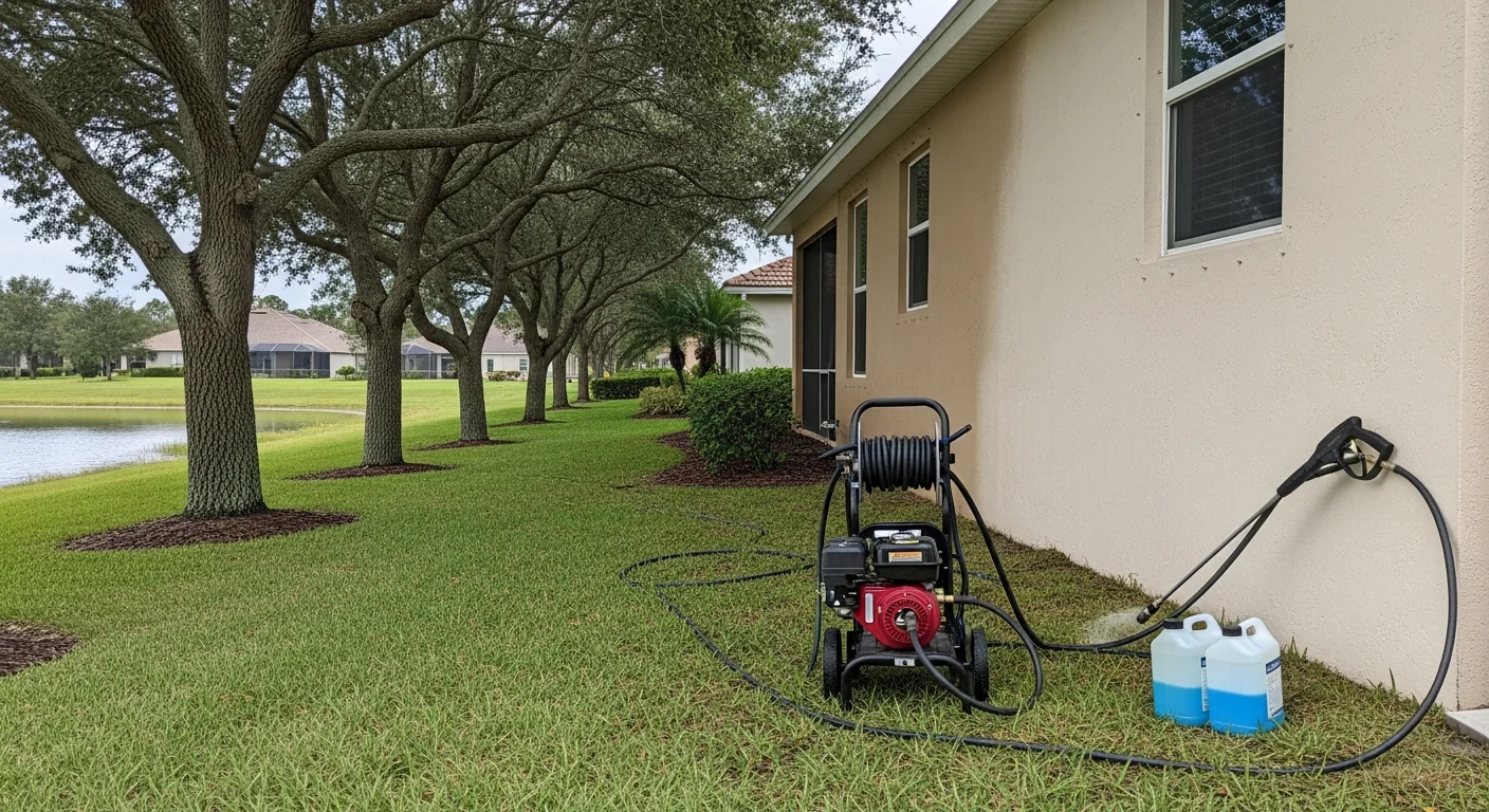A single-story Florida home in Land O' Lakes with clean, streak-free siding after a professional soft wash service. Green algae staining and dark mildew patches have been removed from the exterior walls and trim.