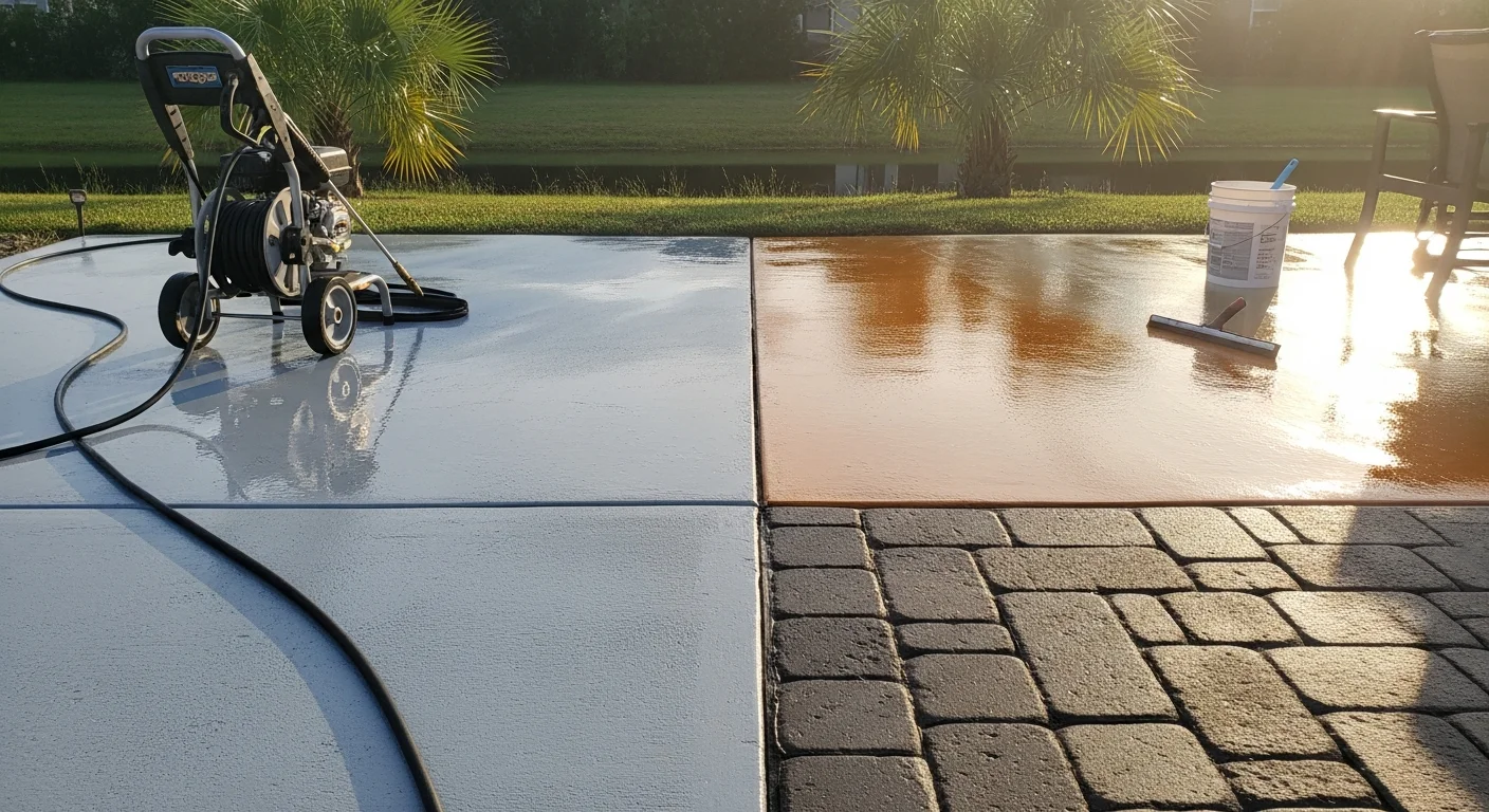 A residential patio in Land O' Lakes, Florida shown before and after professional pressure washing, with algae and mildew staining removed from concrete pavers. A screened lanai enclosure and pool deck edge are visible in the background under Florida afternoon light.