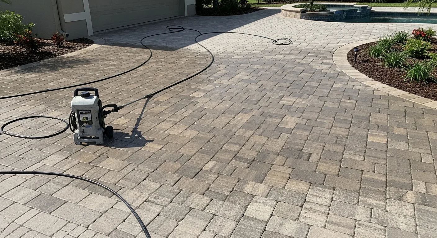 A freshly cleaned paver driveway at a residential home in Land O' Lakes, Florida, showing restored color and no visible algae or staining. Got Your Six Pressure Washing technician working on the surface with professional cleaning equipment.