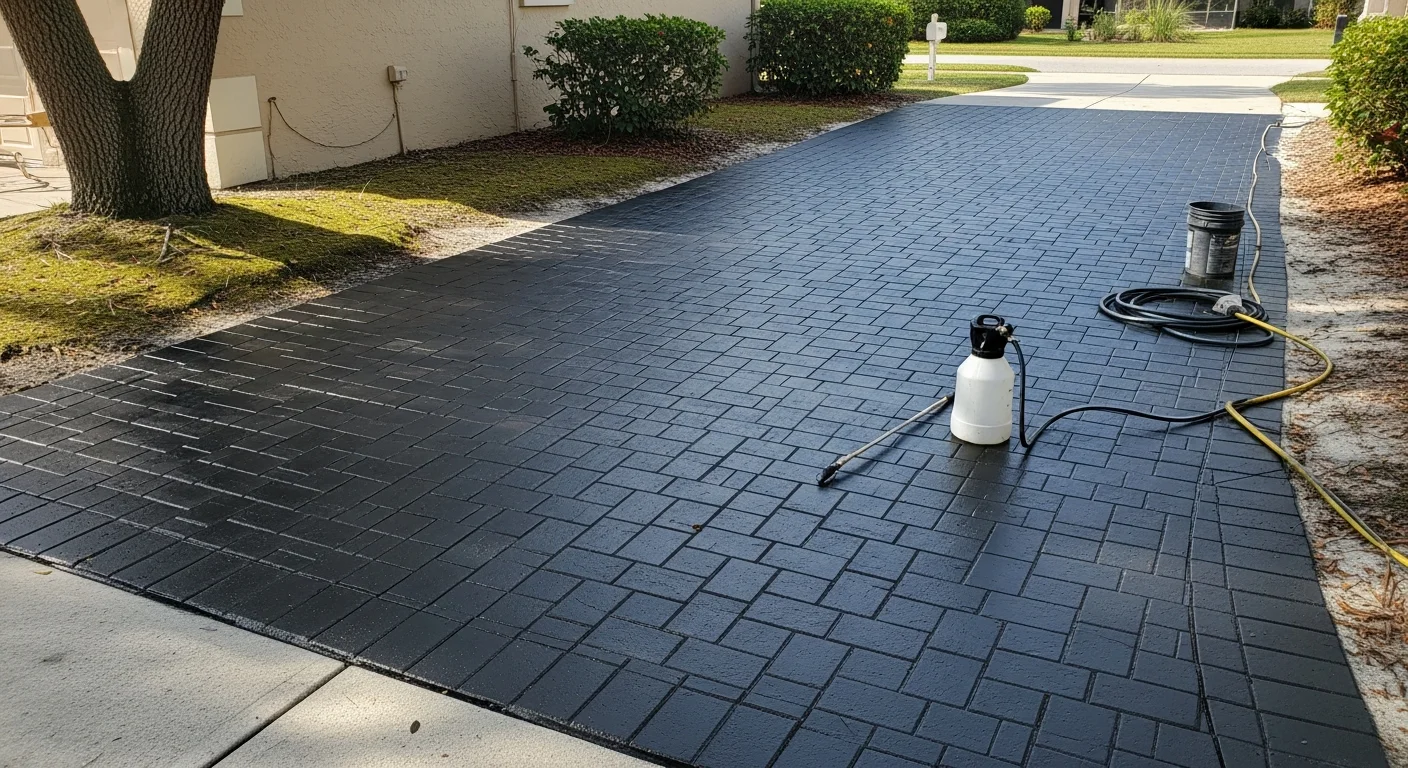 Freshly sealed brick paver driveway at a residential home in Mango, Florida, showing restored color and a clean, even surface finish. A pool deck with sealed pavers in Land O' Lakes reflects the afternoon sun with no visible algae or staining.