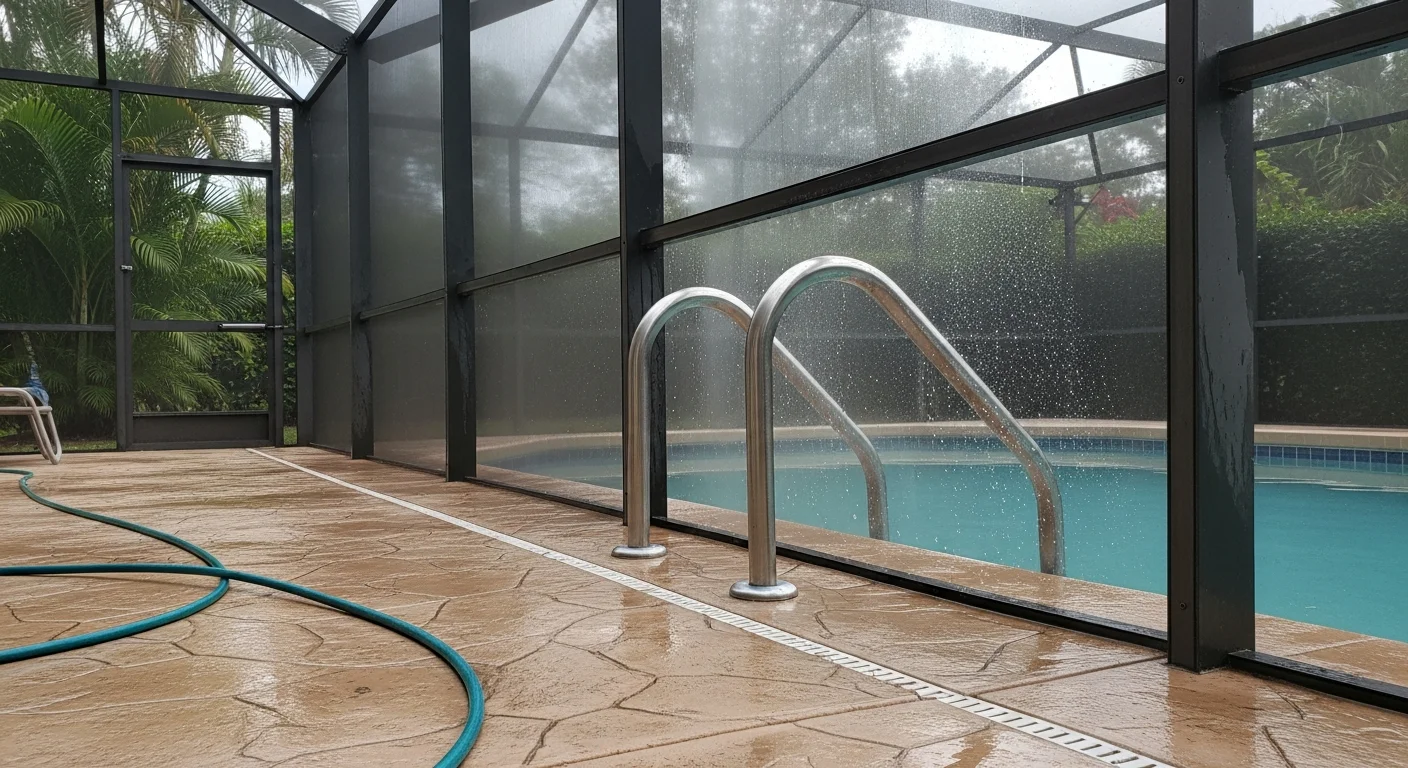A residential pool cage enclosure in Mango, Florida after professional soft wash cleaning, showing clear screen mesh and clean aluminum framing with no visible algae or green streaking. The surrounding pool deck is also clean and free of mold buildup.