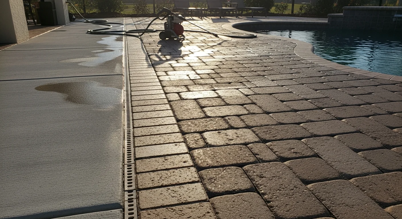 A clean, light-colored concrete pool deck surrounding a backyard pool in Land O' Lakes, FL, with no visible algae staining or dark mold patches on the surface. A screened lanai enclosure frames the pool area under a clear Florida sky.