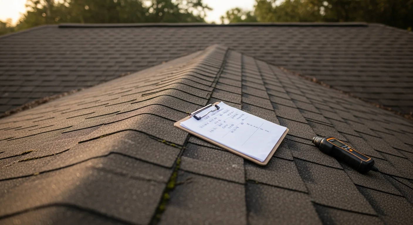 A residential roof in Land O' Lakes, Florida showing algae streaking and moss buildup along shaded shingle sections near the valley. A technician from Got Your Six Pressure Washing inspects the surface up close during a daytime roof inspection visit.