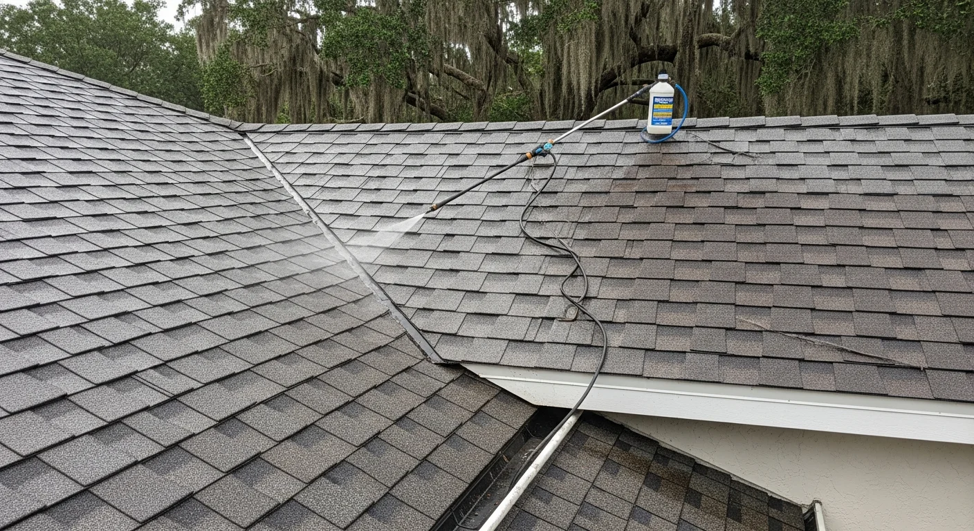 A residential roof in Mango, Florida after professional soft wash roof washing, showing clean shingles with no visible black algae streaks or organic staining. Got Your Six Pressure Washing technician working on a single-family home typical of the Land O' Lakes area.