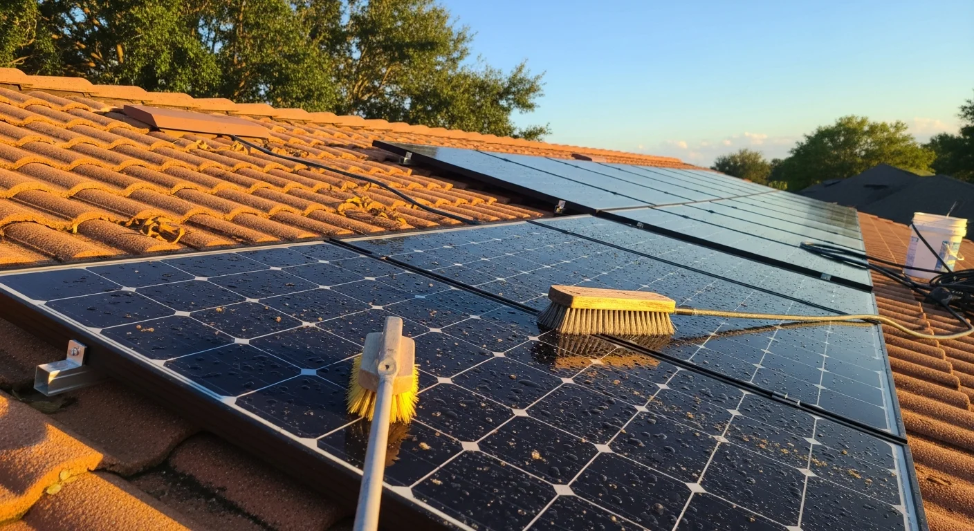 A rooftop solar array on a residential home in Mango, Florida, with panels freshly cleaned and free of pollen film, algae, and debris. The glass surfaces reflect clear afternoon sunlight after professional cleaning by Got Your Six Pressure Washing.